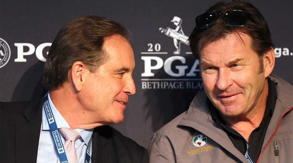 Jim Nantz and Nick Faldo chat during the 2019 PGA Championship.