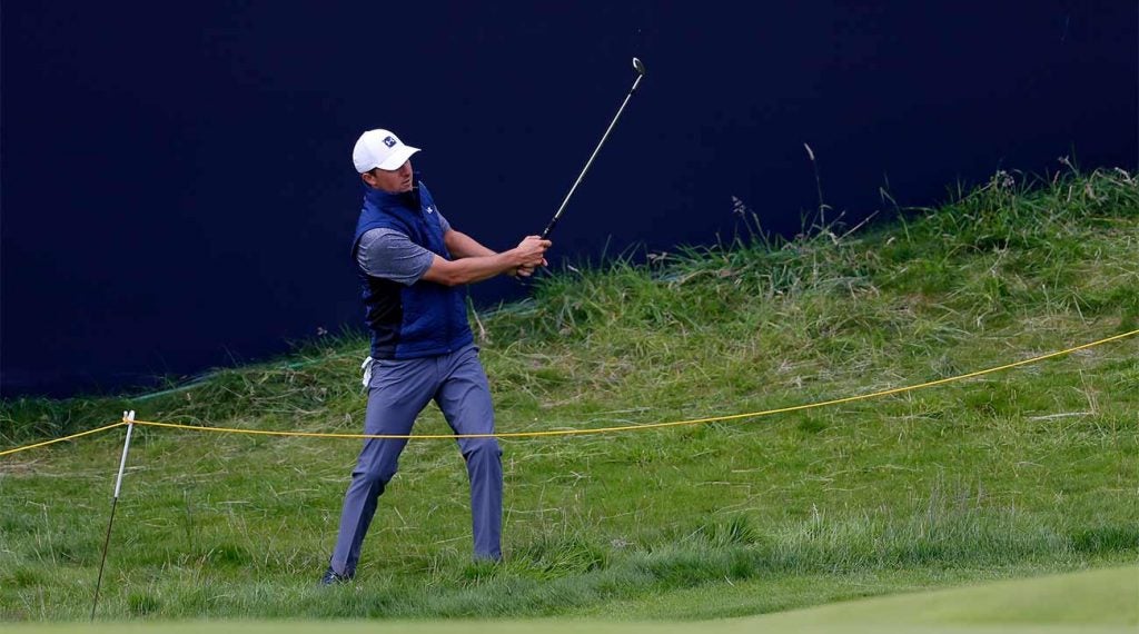 Jordan Spieth hits a shot during a practice round prior to the 2019 British Open.