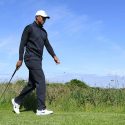 Tiger Woods walks Royal Portrush during a practice round ahead of the 2019 Open Championship.