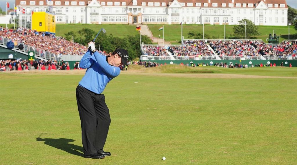 Tom Watson hits his approach shot into the 72nd hole at Trump Turnberry during the final round of the 2009 Open Championship.