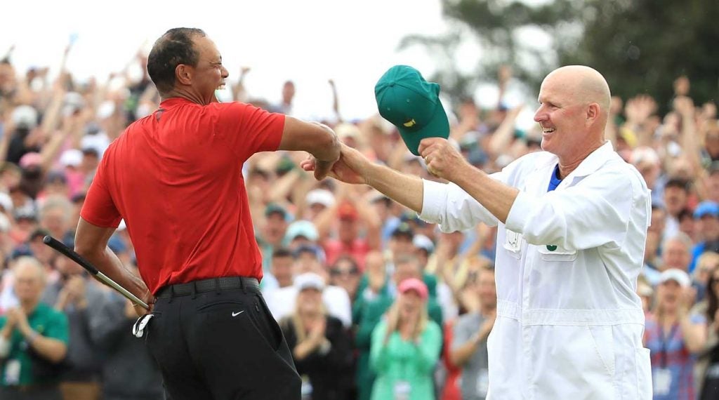 Tiger Woods and Joe LaCava after Woods won the 2019 Masters.