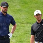 CRANS-MONTANA, SWITZERLAND - AUGUST 28: Singer Justin Timberlake of USA and Rory McIlroy of Northern Ireland during the pro-am prior to the start of the Omega European Masters at Crans Montana Golf Club on August 28, 2019 in Crans-Montana, Switzerland. (Photo by Stuart Franklin/Getty Images)