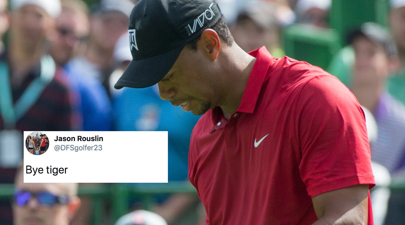 June 07 2015: Tiger Woods punches his leg after teeing off on the 15th hole during the final round of the Memorial Tournament held at the Muirfield Village Golf Club in Dublin, Ohio. (Photo by Jason Mowry/Icon Sportswire/Corbis via Getty Images)