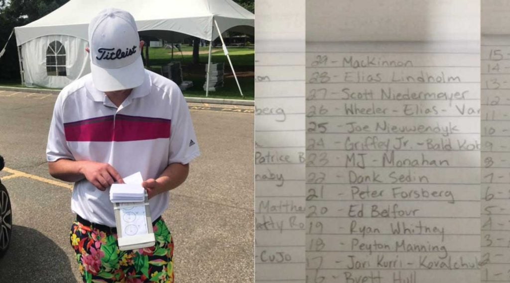 Jared du Toit's caddie, Nolan Renwick, checks out the yardage book for the week.