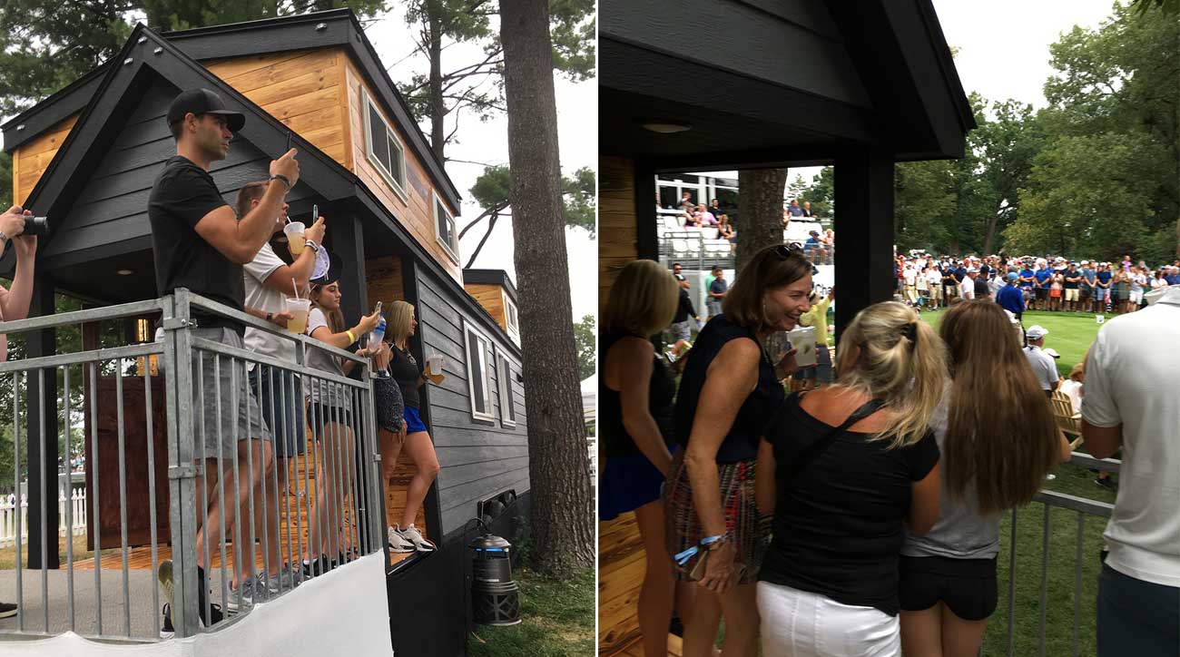 The viewing party spilled out onto the Tiny House's stairs.