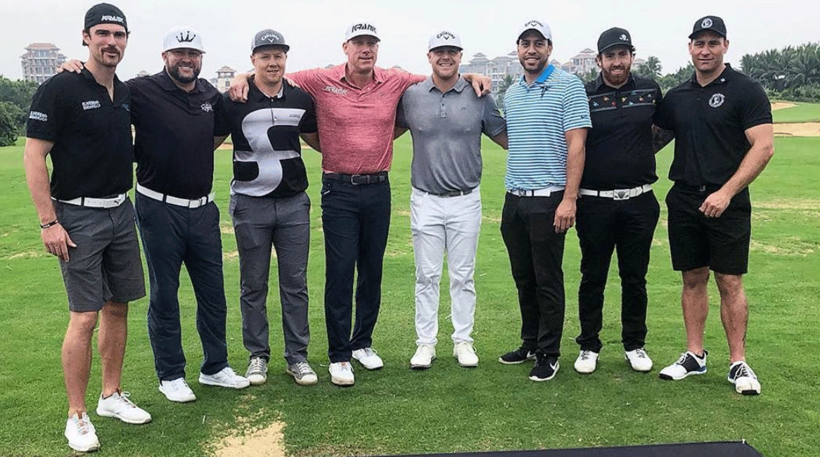 Wes Patterson, in gray shirt, with his fellow competitors in China. The tournament promised — but has not yet made good on — a record $400,000 purse.