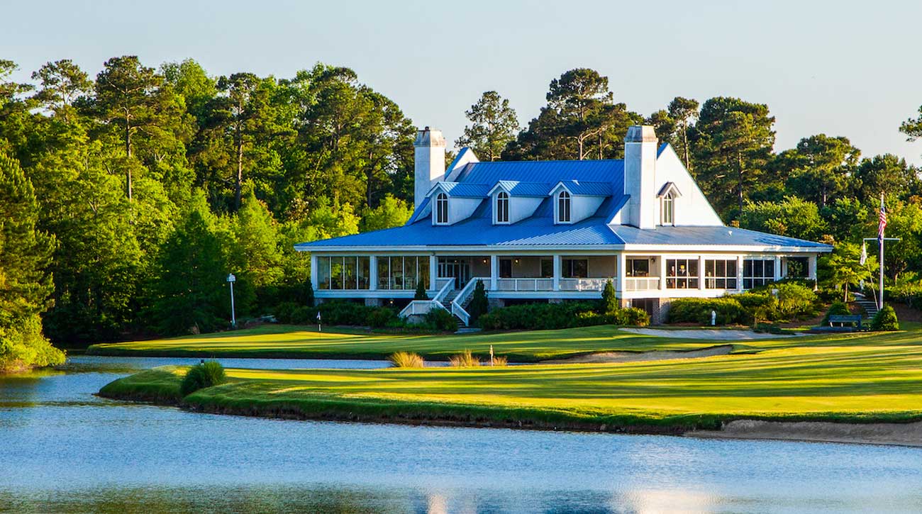 The lake and clubhouse by No. 18 at True Blue.