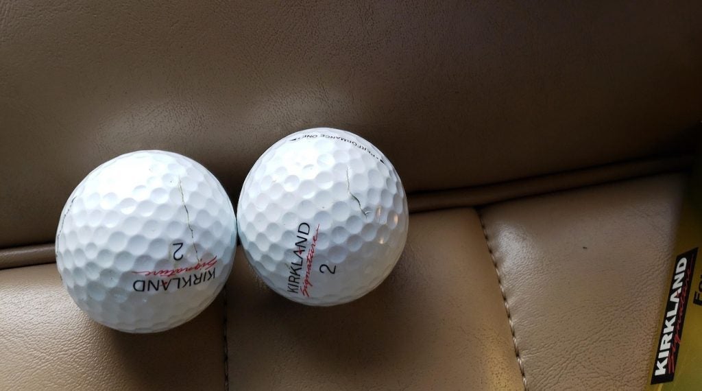 Cracks are visible on the cover of Costco's Kirkland Signature four-piece ball.