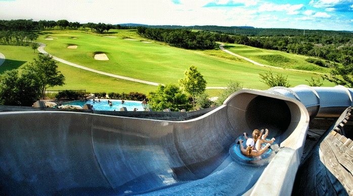 The on-site waterpark looks over the golf course.