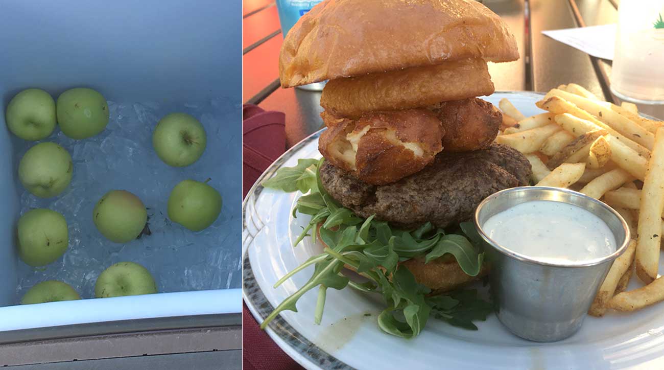 At Rush Creek you can grab an apple on the 1st tee (left) and then get some amazing grub (like the cheese curd burger and fries) on the patio afterward.