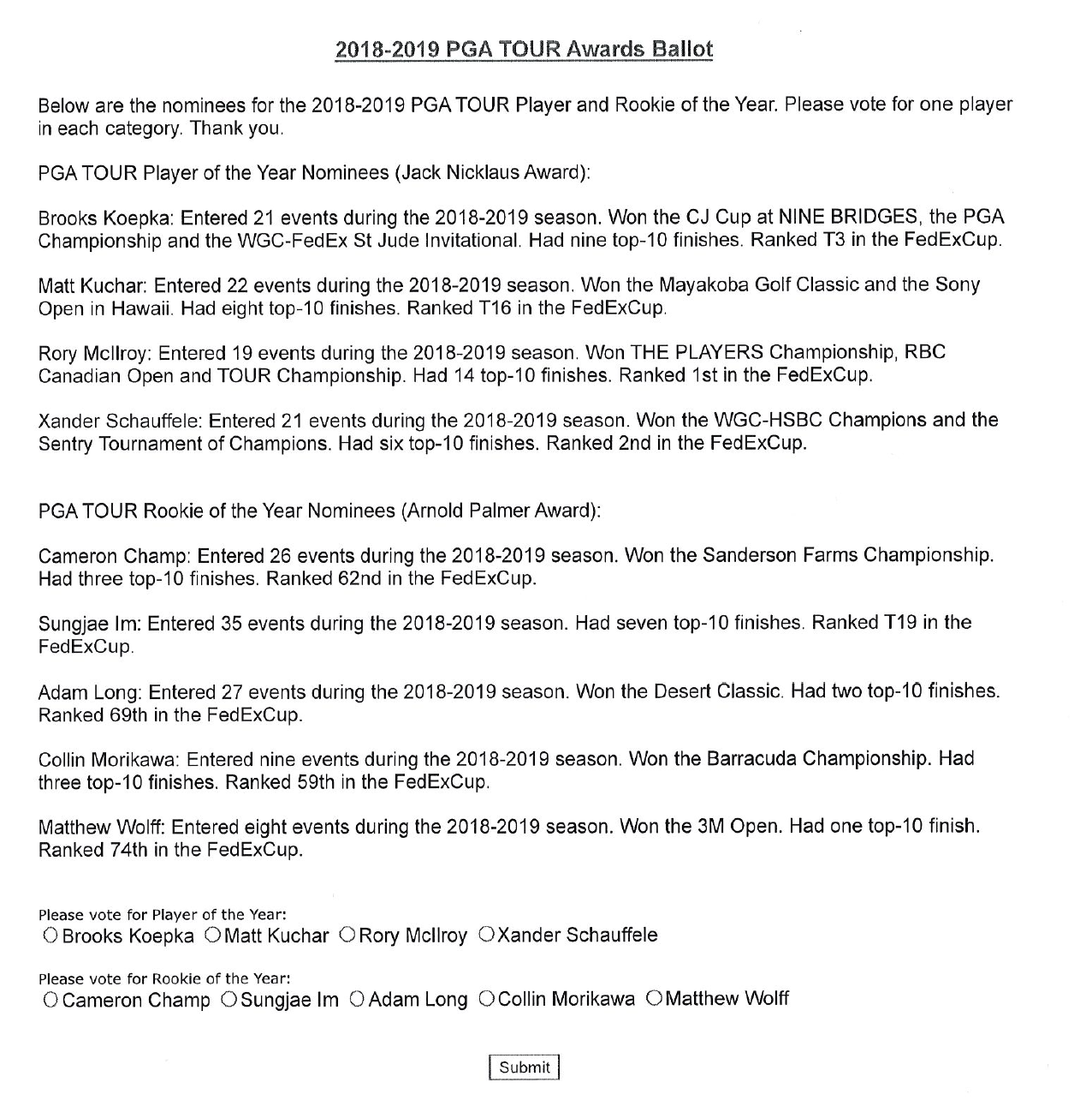 The 2019 PGA Tour Player of the Year ballot.