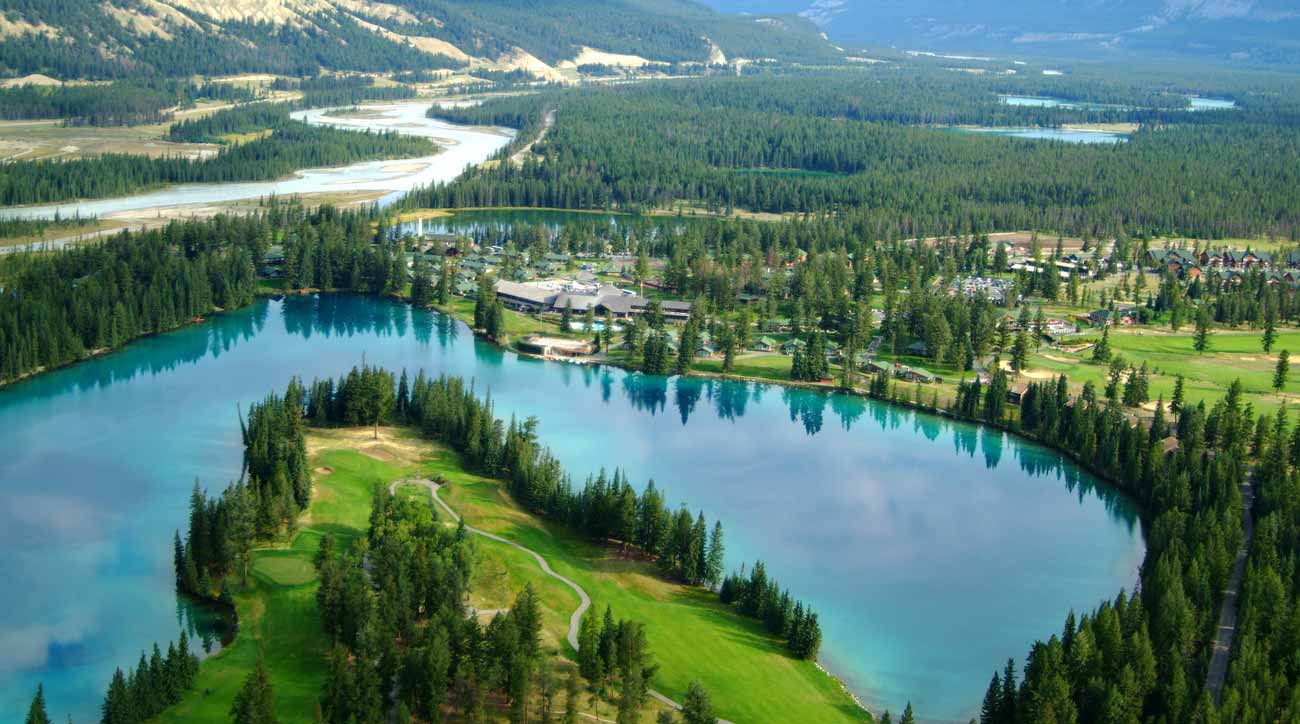 An aerial view of Fairmont Jasper Park Lodge.