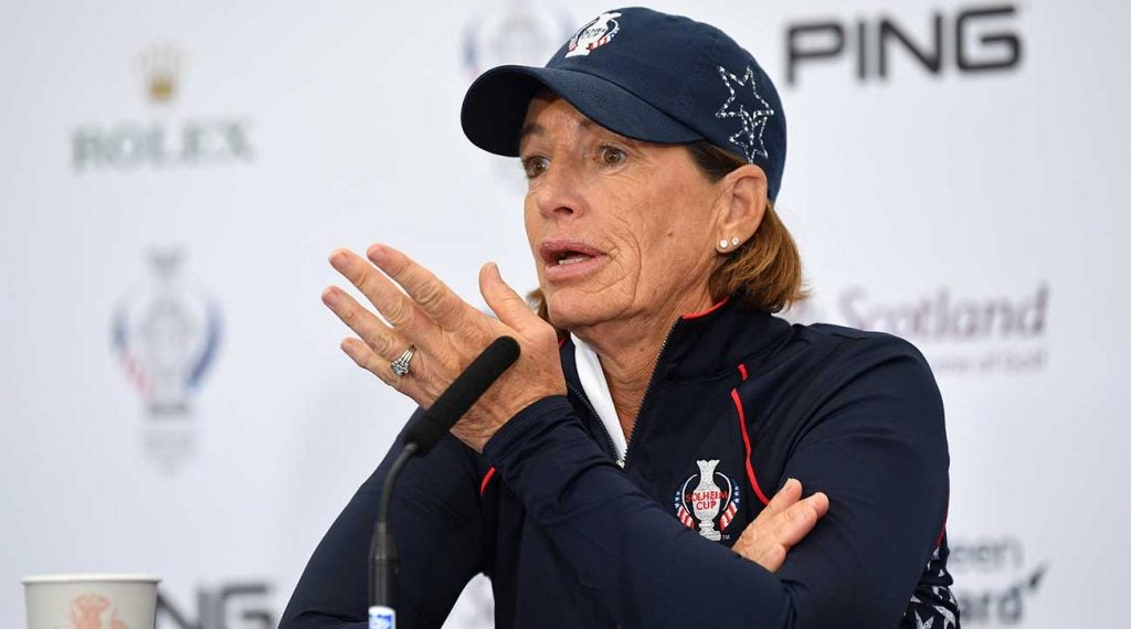 U.S. Solheim Cup captain Juli Inkster speaks to the media on Tuesday at Gleneagles in Scotland.