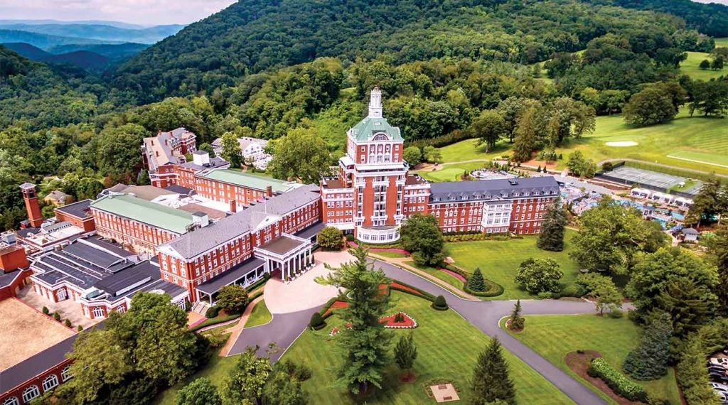 An aerial view of Omni Homestead Resort in Hot Springs, Va.