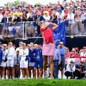 Lexi Thompson tees off during the 2017 Solheim Cup in Des Moines, Iowa.