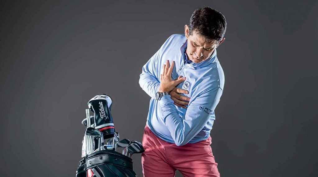 What not to do: When you tuck your
 pelvis too far under your
 hips at address, you
 force your hips to rise
 up and slide over during
 the backswing, causing
 a myriad of problems,
 including the dreaded
 reverse spine position.