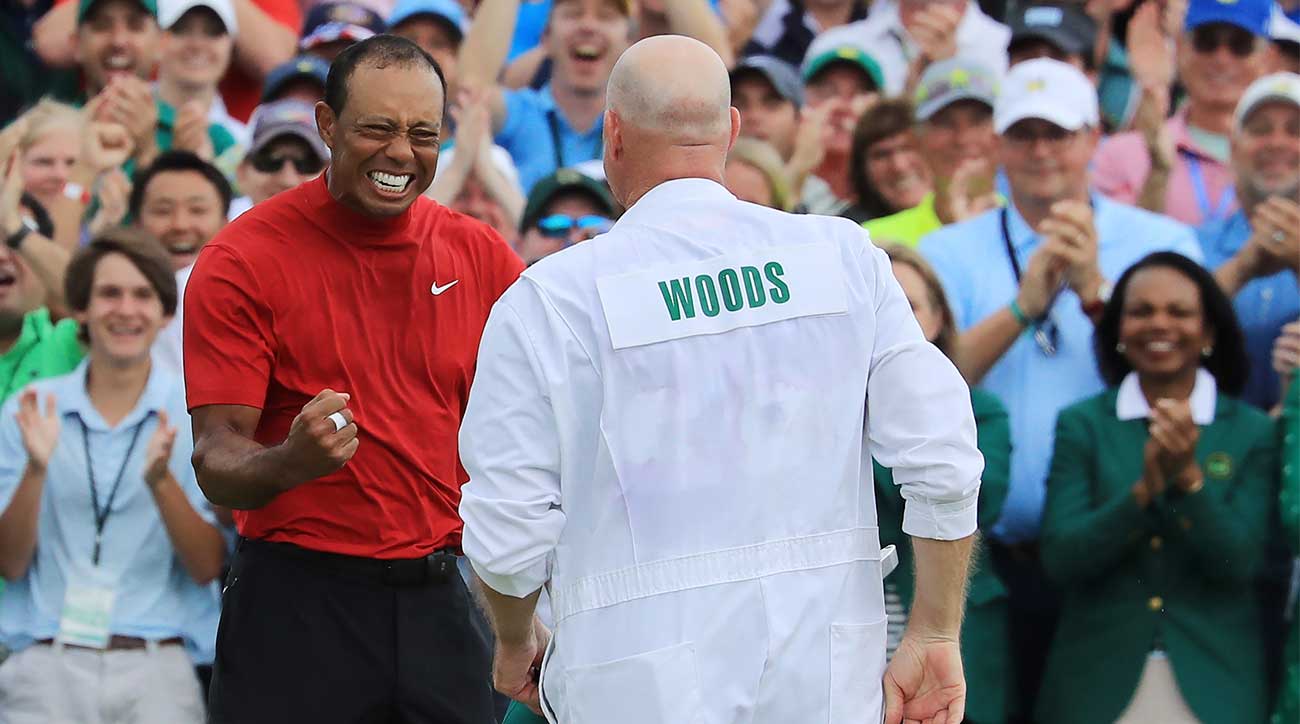 Tiger Woods celebrates his 2019 Masters victory at Augusta National.