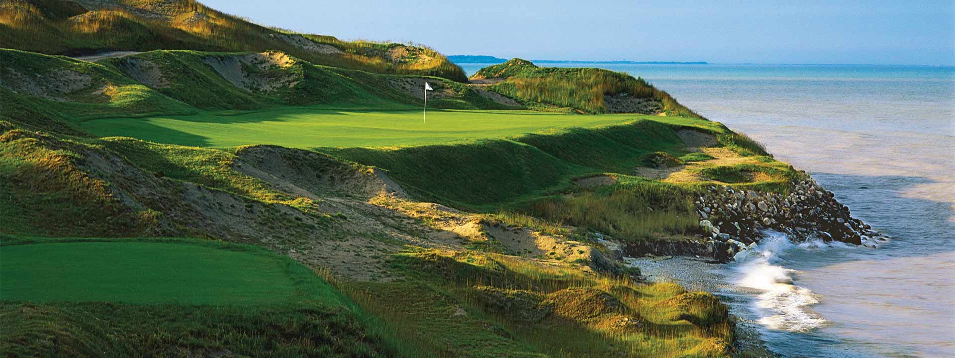 A view of one of the par-3s on the Straits course at Whistling Straits.