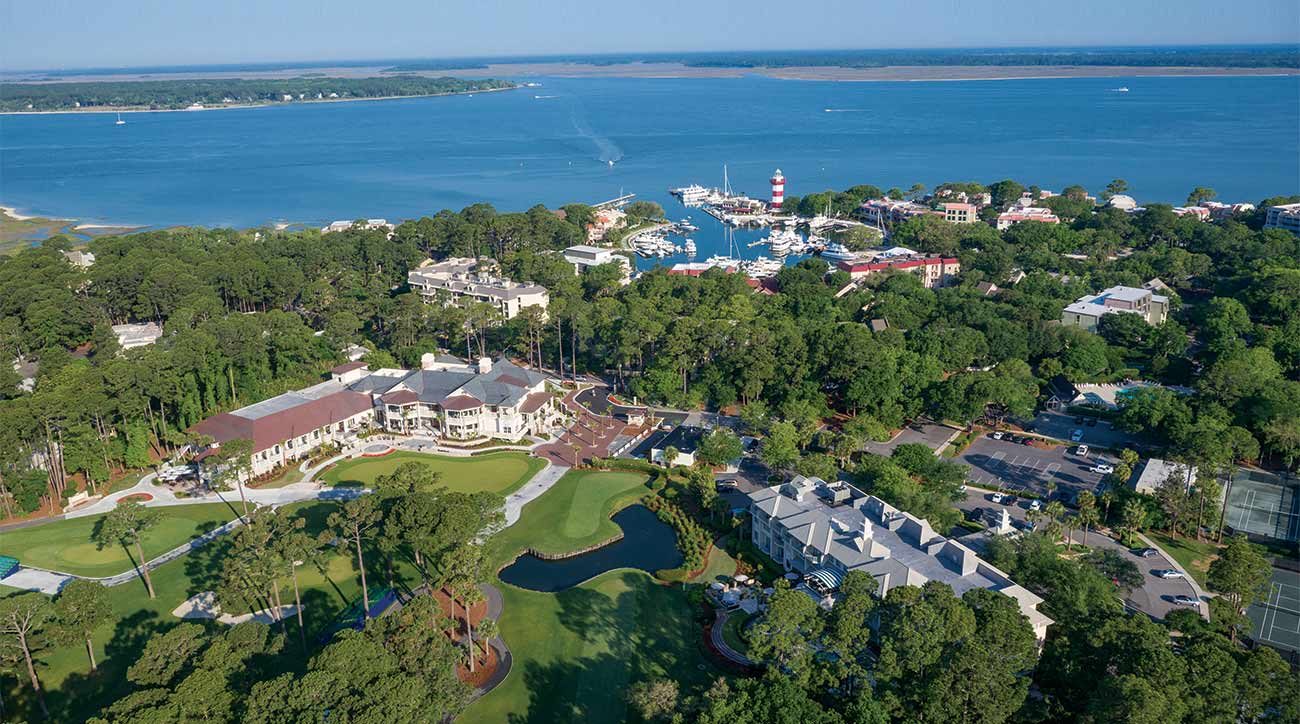 An aerial view of Harbour Town at Sea Pines Resort.