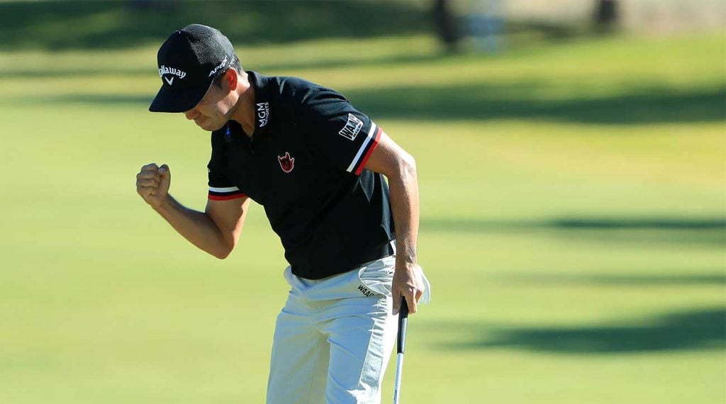 Kevin Na pumps his fist during the final round of the Shriners on Sunday in Las Vegas.