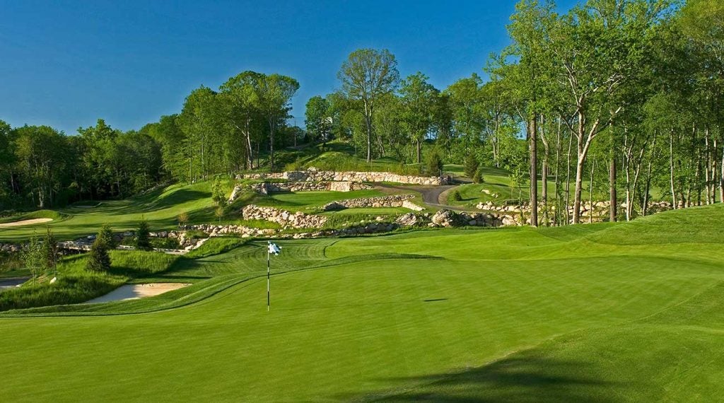The 11th hole at Pound Ridge showcases the country club quality conditions and obstacles golfers face at this Pete Dye design.