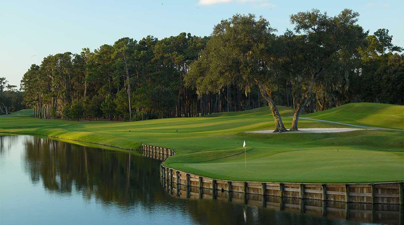 A shot of the 16th hole at TPC Sawgrass' Stadium Course.