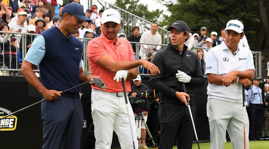 Tiger Woods, Jason Day, Rory McIlroy and Hideki Matsuyama chat before teeing off in the Japan Skins.