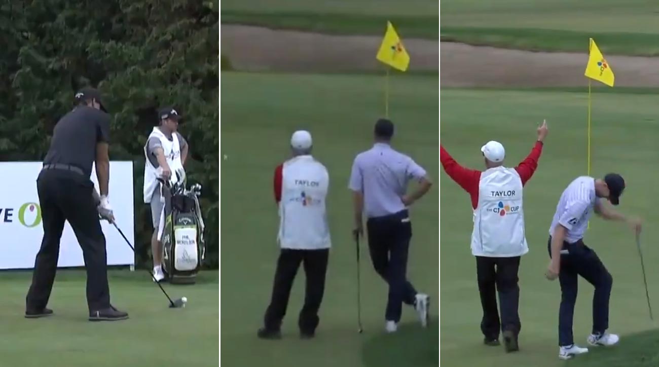 Phil Mickelson just misses a hole-in-one on the par-4 14th hole Friday at the CJ Cup.