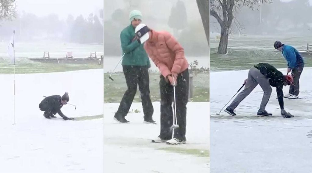 Players do their best to figure out how to beat the snow during the Montana state golf competition.