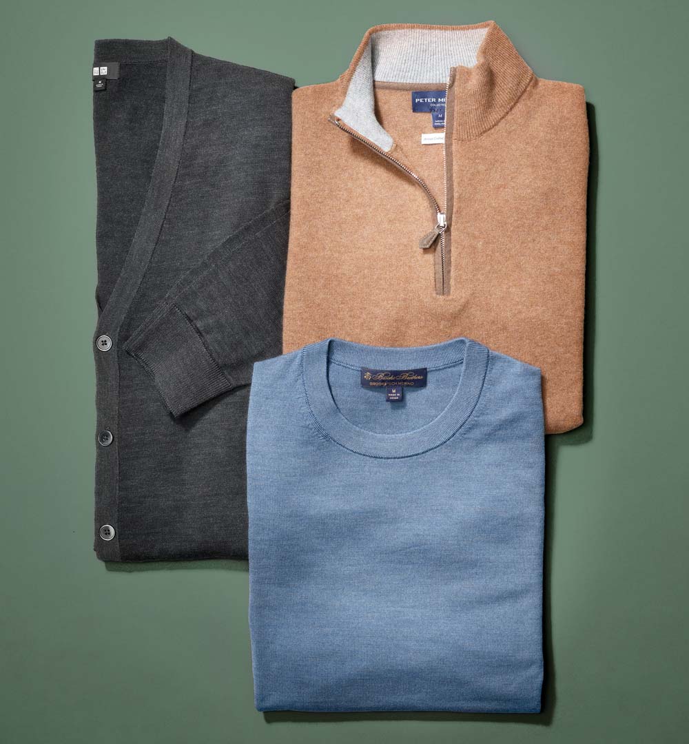 Clockwise from left: Uniqlo Extra-Fine Merino V-Neck Cardigan, $50; Peter Millar artisan Crafted cashmere flex quarter-zip, $598; Brooks Brothers BrooksTech Merino Wool Crewneck, $148.
