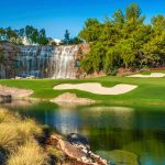 A view of the par-3 18th hole at Wynn Golf Club.