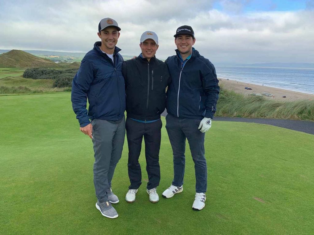 From left, the author, Taylor and Matt on the first tee at Portstewart.