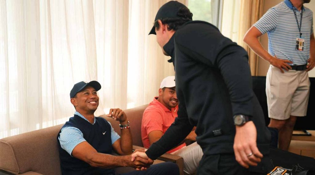 Tiger Woods and Rory McIlroy in advance of the Japan Skins.