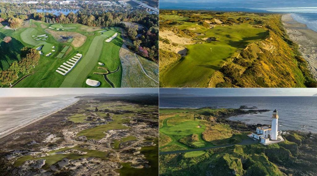 An aerial view of four courses on GOLF's Top 100 Courses in the World list, from top right, clockwise: Pacific Dunes (24th), Trump Turnberry, Ailsa (17th), Tara Iti (27th) and Oakmont (No. 8).