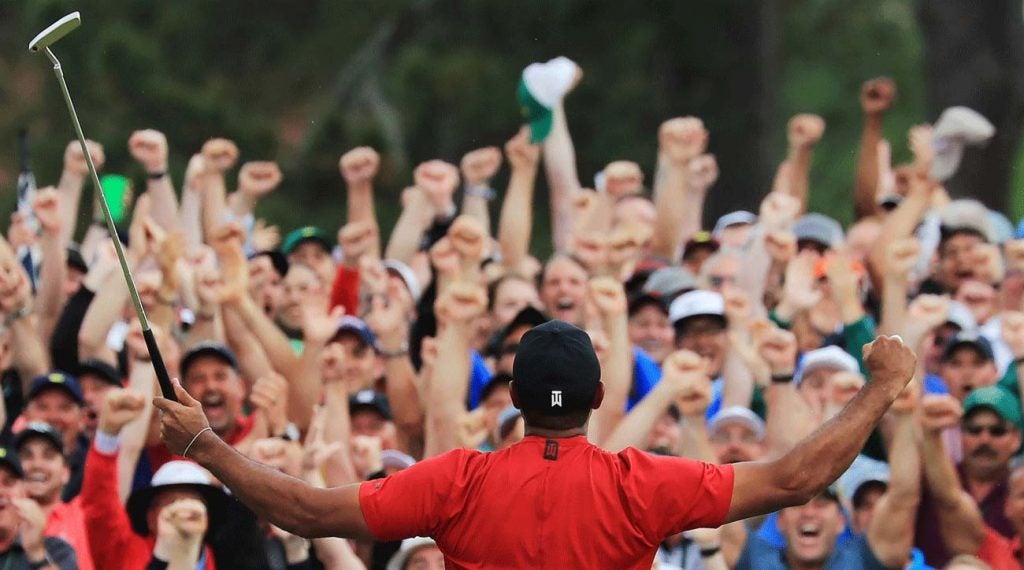 Tiger Woods celebrates his 2019 Masters title.