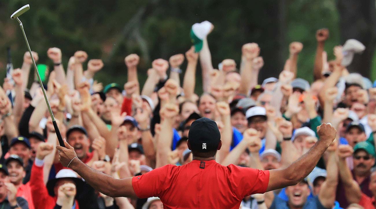 Tiger Woods celebrates his 2019 Masters title.