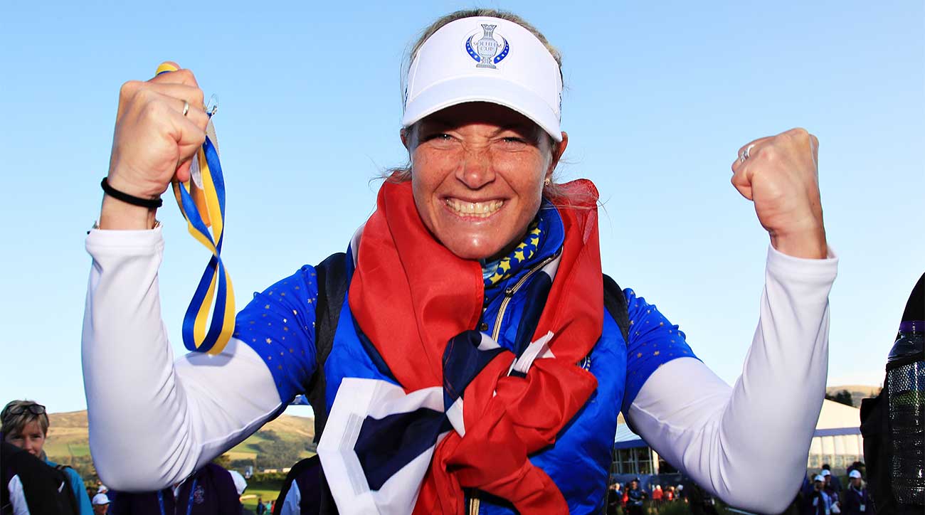 Suzann Pettersen celebrates Europe's Solheim Cup victory.