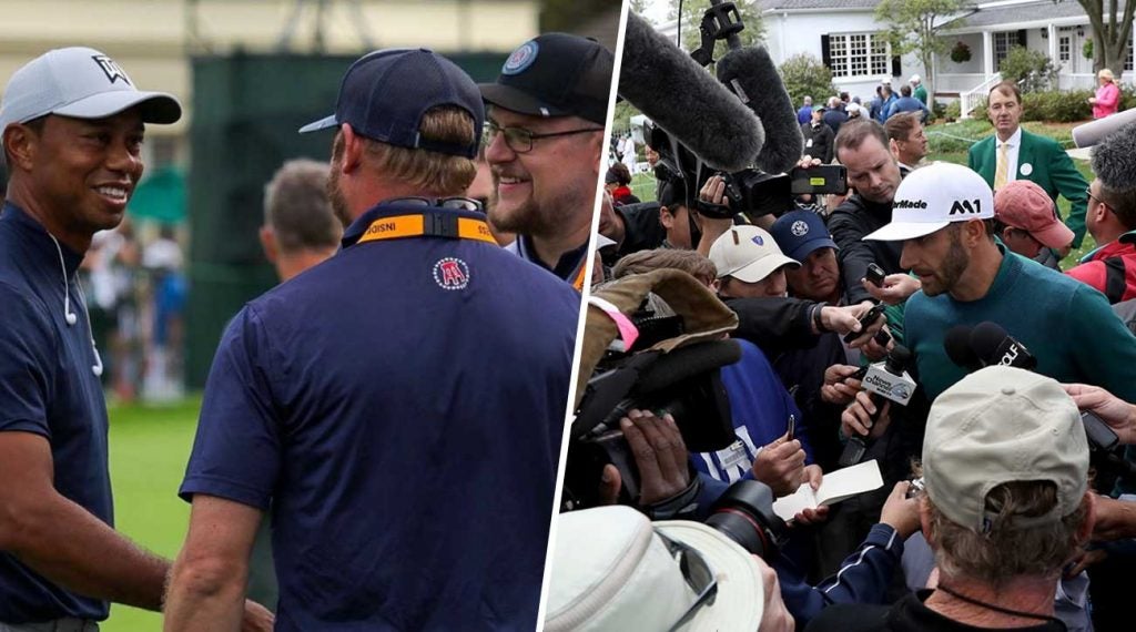 Left: Tiger Woods with member of Barstool's golf team. Right: Dustin Johnson with a a press scrum at the 2017 Masters.