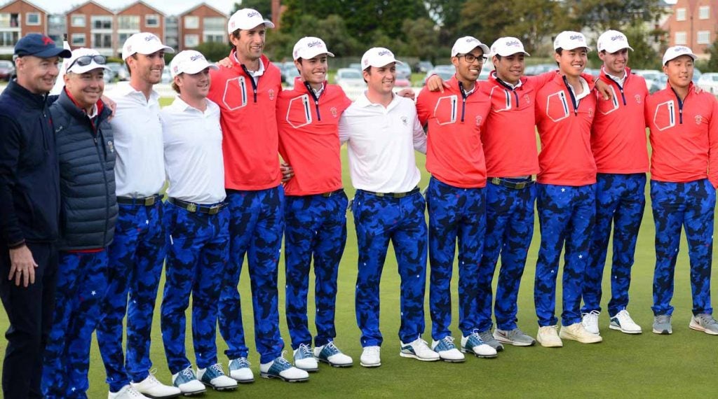 The 2019 U.S. Walker Cup team poses together after a huge comeback in Sunday singles.