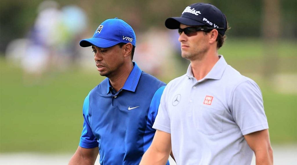 Adam Scott and Tiger Woods at the 2014 WGC-Cadillac Championship.