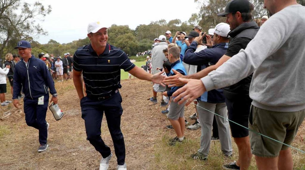Bryson DeChambeau greets fans on Wednesday at the 2019 Presidents Cup