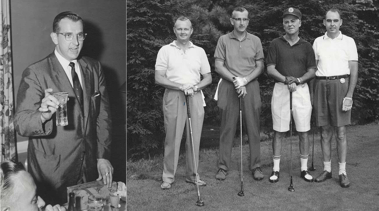 Morrie speaking at a dinner (left) and getting ready to tee it up with some friends.
