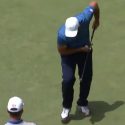 Patrick Reed makes a shovel gesture after a birdie on Day 2 at the 2019 Presidents Cup.