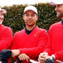 U.S> Presidents Cup team mmembers Patrick Reed, Xander Schauffele (center) and Webb Simpson (right) pose for photos yesterday at Royal Melbourne.