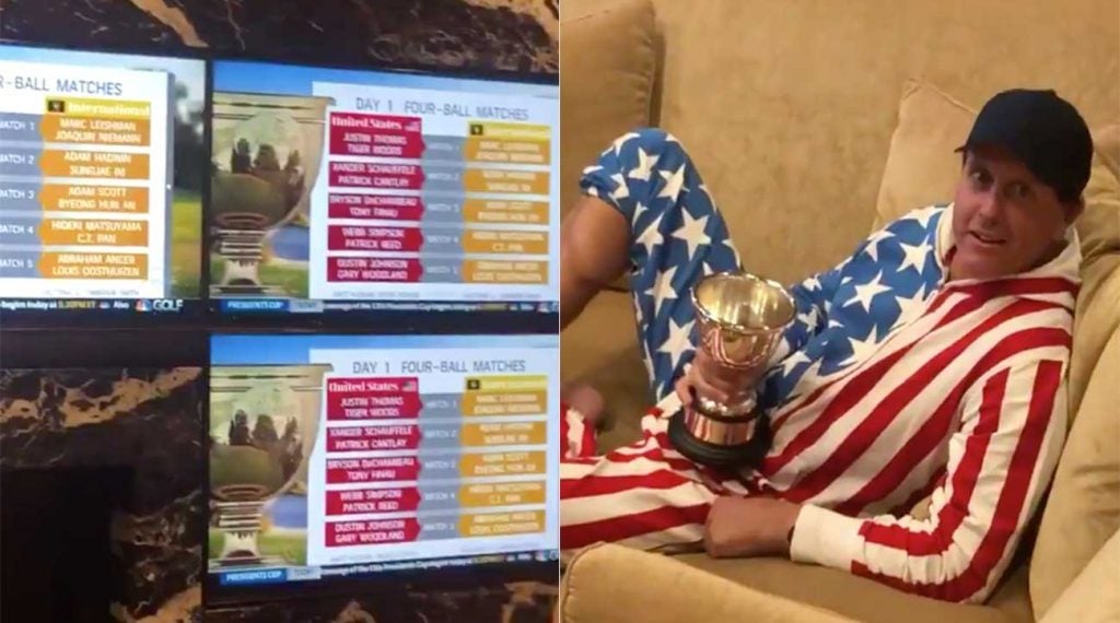 Phil Mickelson is watching the Presidents Cup from home, but he's still plenty invested in Team USA.