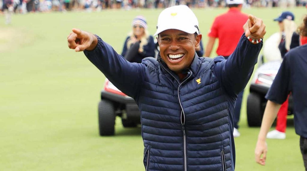 Tiger Woods celebrates after captaining the U.S. team to a 2019 Presidents Cup victory.