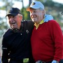 Gary Player and Jack Nicklaus share a laugh while kicking off the 2018 Masters.