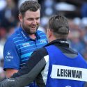 Marc Leishman celebrates his closing 65 at the Farmers Insurance Open.