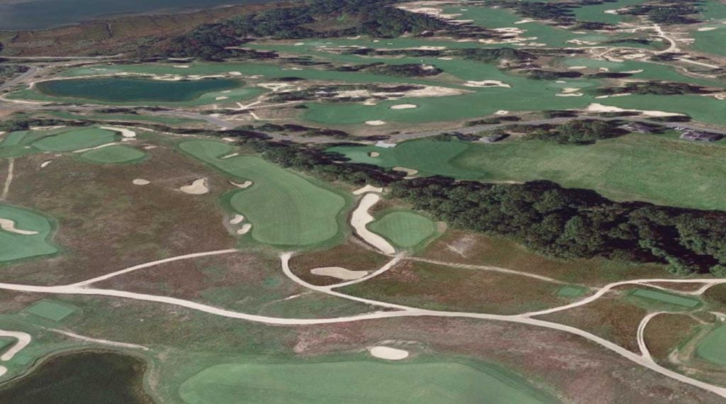 The par-4 3rd at the National Golf Links of America. The tee box is in the bottom right of the photo.