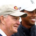 Jack Nicklaus and Tiger Woods pose together at the Memorial Tournament.